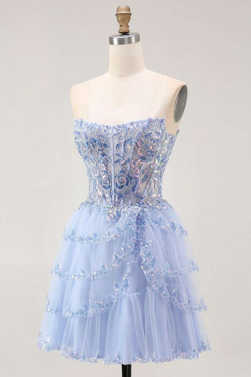 Load image into Gallery viewer, Sparkly Lavender Tiered Strapless Corset Short Prom Dress