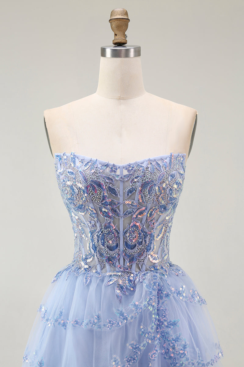 Load image into Gallery viewer, Sparkly Lavender Tiered Strapless Corset Short Prom Dress