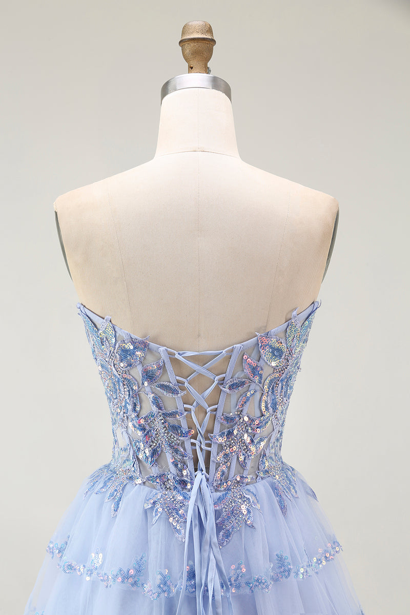 Load image into Gallery viewer, Sparkly Lavender Tiered Strapless Corset Short Prom Dress