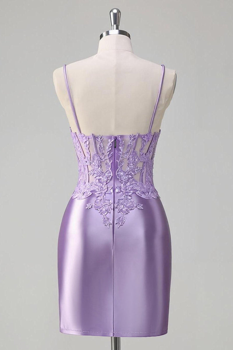 Load image into Gallery viewer, Floral Lilac Tight Short Corset Prom Dress with Slit