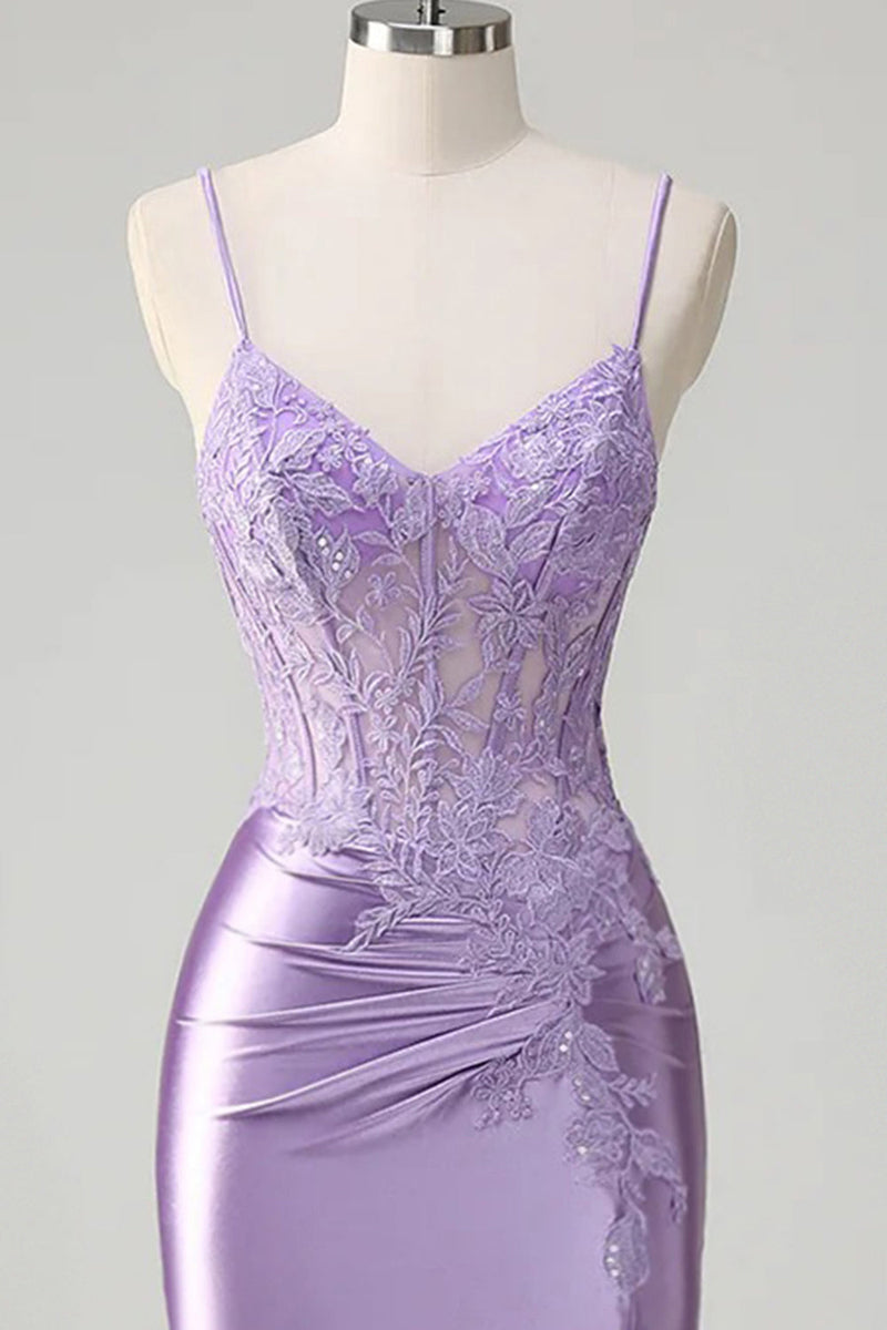 Load image into Gallery viewer, Floral Lilac Tight Short Corset Prom Dress with Slit