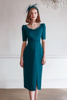 Load image into Gallery viewer, Sparkly Peacock Blue Midi Round Neck Mother of the Bride Dress with Slit
