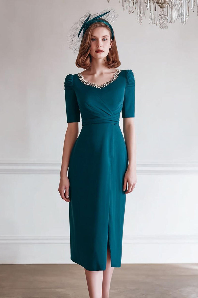 Load image into Gallery viewer, Sparkly Peacock Blue Midi Round Neck Mother of the Bride Dress with Slit
