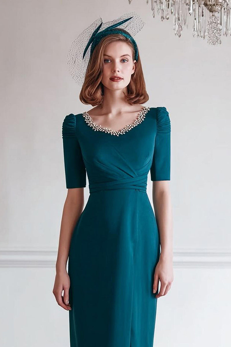 Load image into Gallery viewer, Sparkly Peacock Blue Midi Round Neck Mother of the Bride Dress with Slit