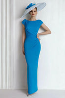 Load image into Gallery viewer, Blue Boat Neck Maxi Mother of the Bride Dress with Sleeves