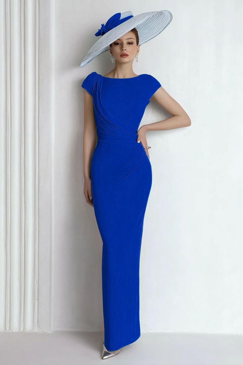 Load image into Gallery viewer, Blue Boat Neck Maxi Mother of the Bride Dress with Sleeves