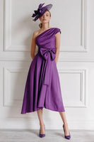 Load image into Gallery viewer, Grape One Shoulder A Line Midi Mother of the Bride Dress with Bow