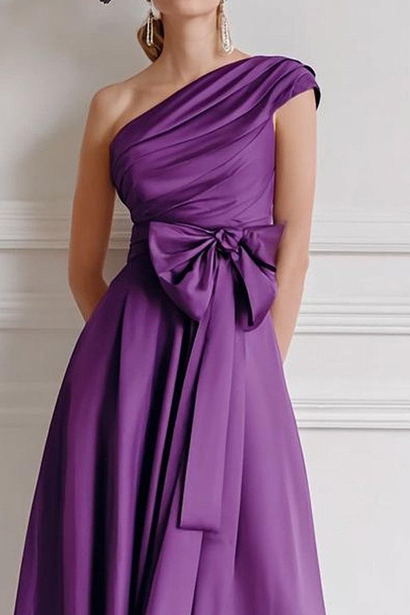 Load image into Gallery viewer, Grape One Shoulder A Line Midi Mother of the Bride Dress with Bow