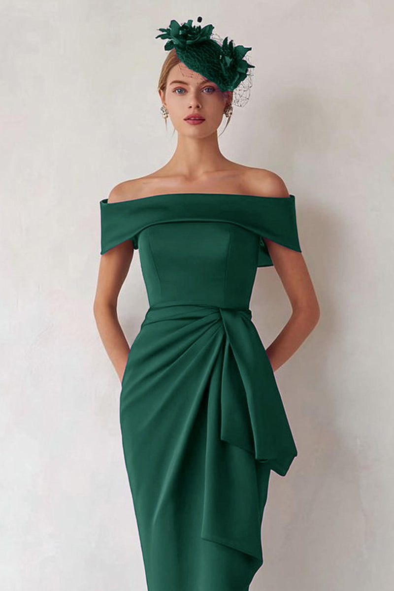 Load image into Gallery viewer, Dark Green Off the Shoulder Satin Midi Mother of the Bride Dress