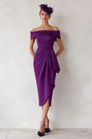 Load image into Gallery viewer, Dark Green Off the Shoulder Satin Midi Mother of the Bride Dress