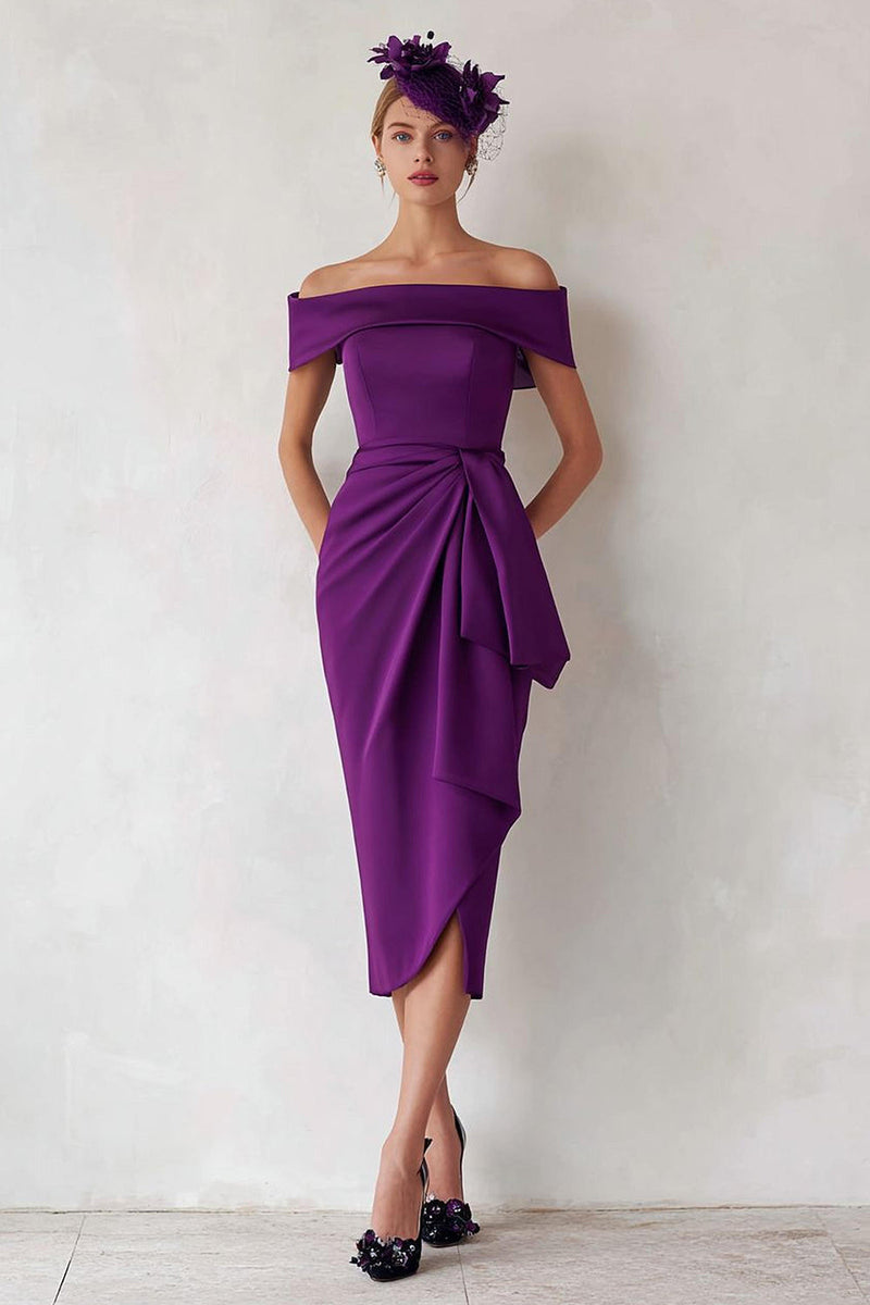 Load image into Gallery viewer, Dark Green Off the Shoulder Satin Midi Mother of the Bride Dress