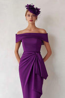 Load image into Gallery viewer, Dark Green Off the Shoulder Satin Midi Mother of the Bride Dress