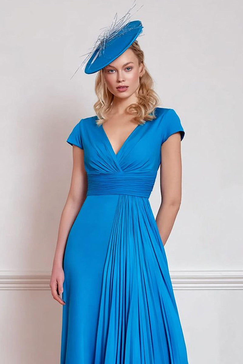 Load image into Gallery viewer, Blue Pleated V-Neck Midi Mother of the Bride Dress with Sleeves