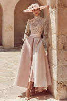 Load image into Gallery viewer, Candy Pink A Line High Neck Long Mother of the Bride Dress with Lace