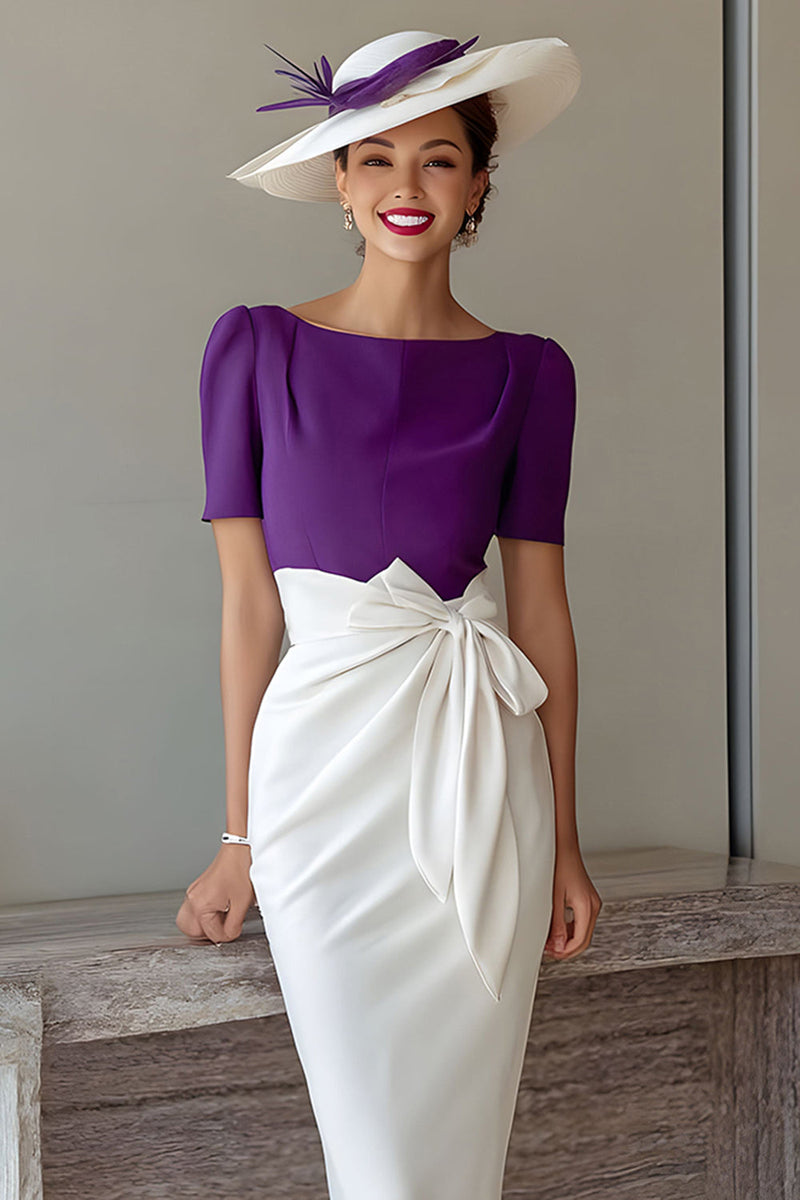 Load image into Gallery viewer, Grape Boat Neck Pencil Midi Mother of the Bride Dress with Bow