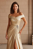 Load image into Gallery viewer, Metallic Champagne Off the Shoulder Maxi Mother of the Bride Dress with Slit