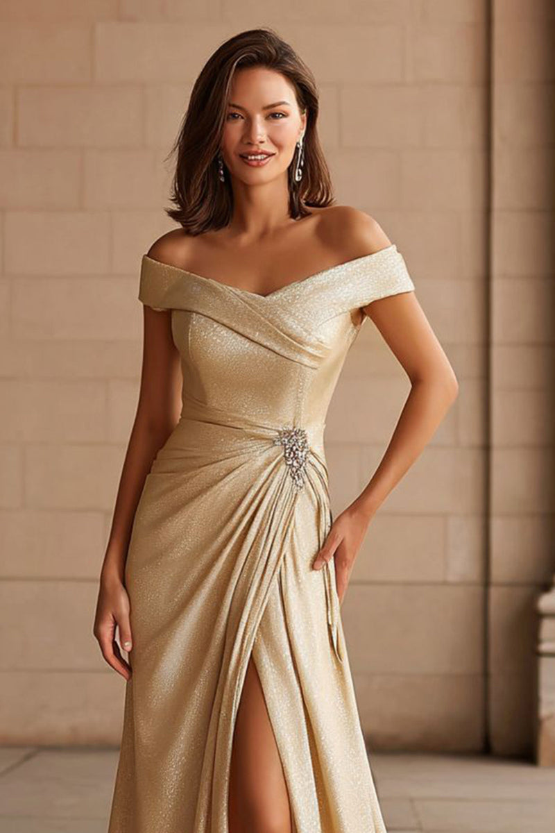 Load image into Gallery viewer, Metallic Champagne Off the Shoulder Maxi Mother of the Bride Dress with Slit