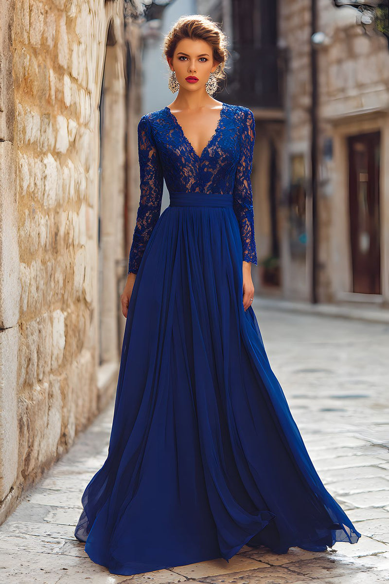 Load image into Gallery viewer, Dark Blue Chiffon V-Neck Long Mother of the Bride Dress with Lace