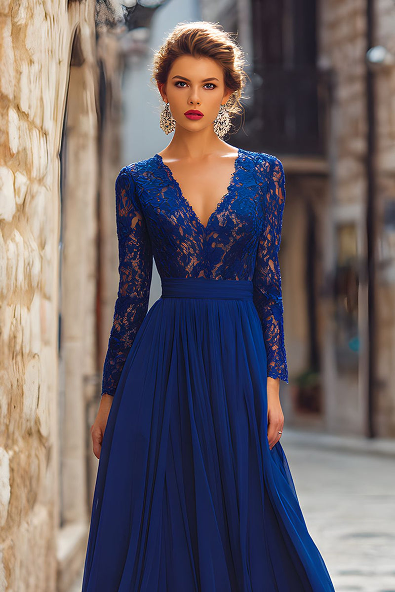 Load image into Gallery viewer, Dark Blue Chiffon V-Neck Long Mother of the Bride Dress with Lace