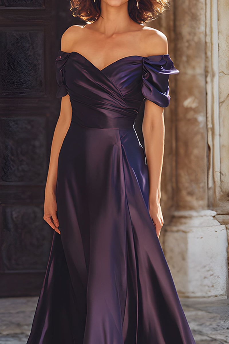 Load image into Gallery viewer, Plum Off the Shoulder Sheath Long Mother of the Bride Dress
