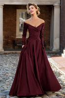 Load image into Gallery viewer, Plum A Line Off the Shoulder Long Mother of the Bride Dress with Sleeves