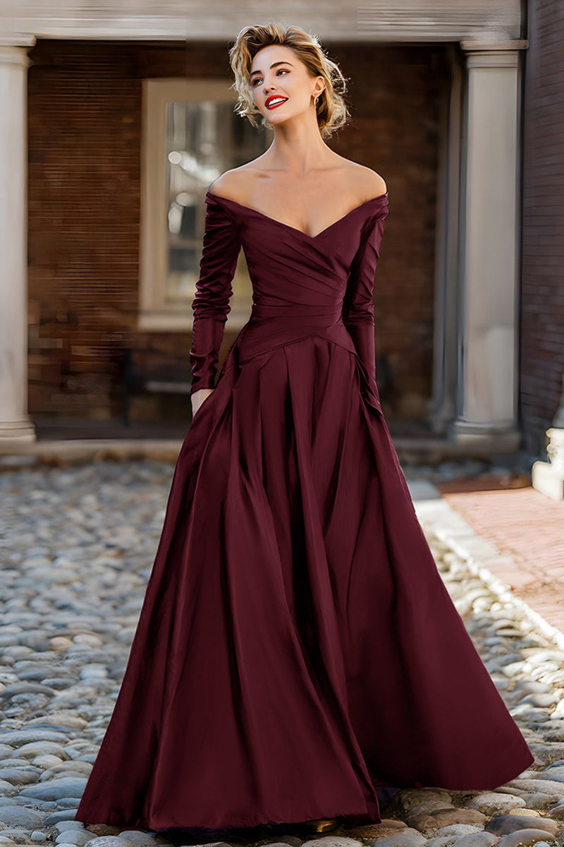 Load image into Gallery viewer, Plum A Line Off the Shoulder Long Mother of the Bride Dress with Sleeves