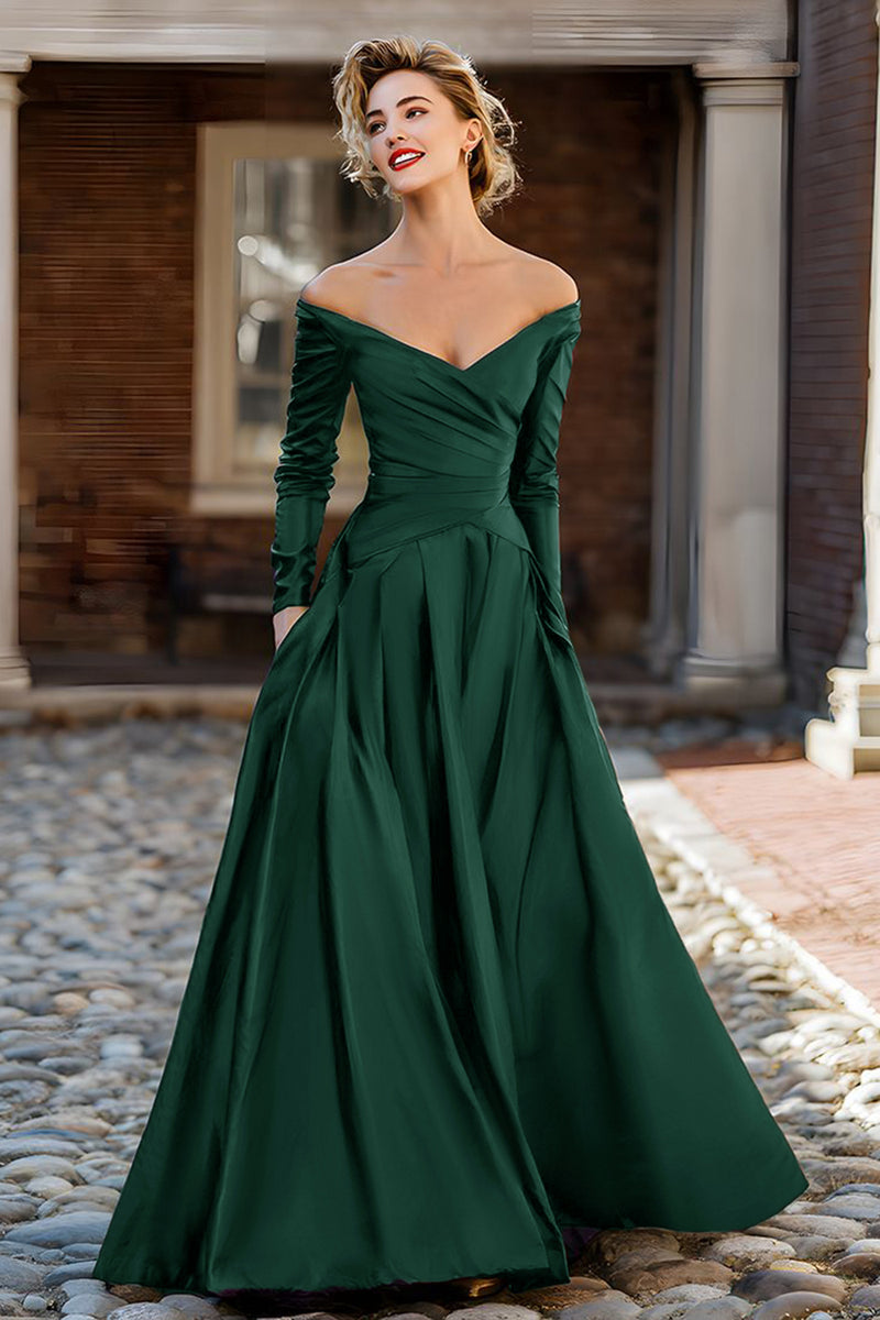 Load image into Gallery viewer, Plum A Line Off the Shoulder Long Mother of the Bride Dress with Sleeves