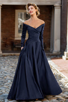 Load image into Gallery viewer, Plum A Line Off the Shoulder Long Mother of the Bride Dress with Sleeves