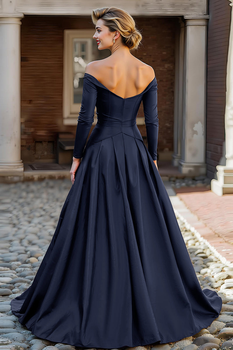 Load image into Gallery viewer, Plum A Line Off the Shoulder Long Mother of the Bride Dress with Sleeves
