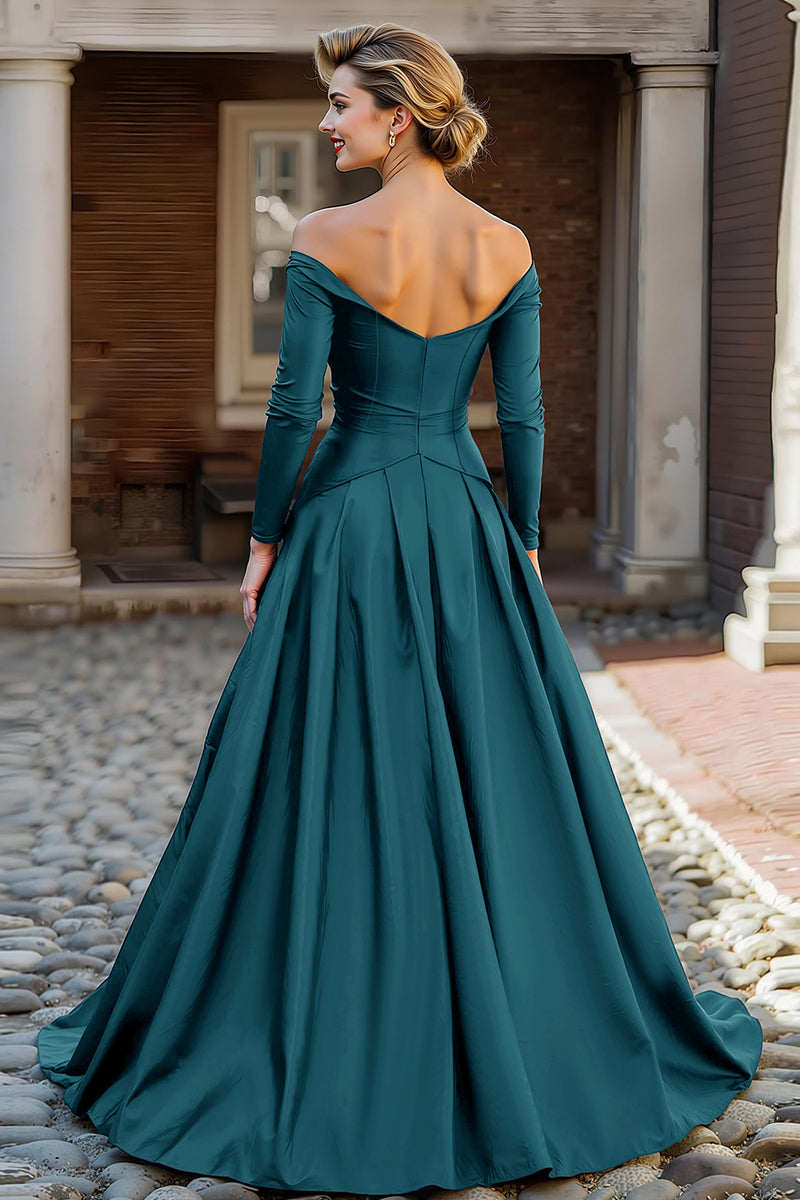 Load image into Gallery viewer, Plum A Line Off the Shoulder Long Mother of the Bride Dress with Sleeves