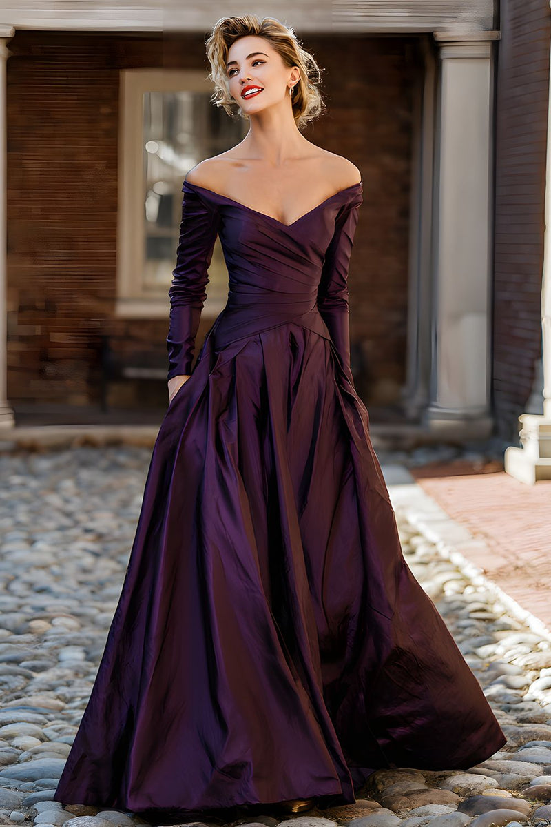 Load image into Gallery viewer, Plum A Line Off the Shoulder Long Mother of the Bride Dress with Sleeves