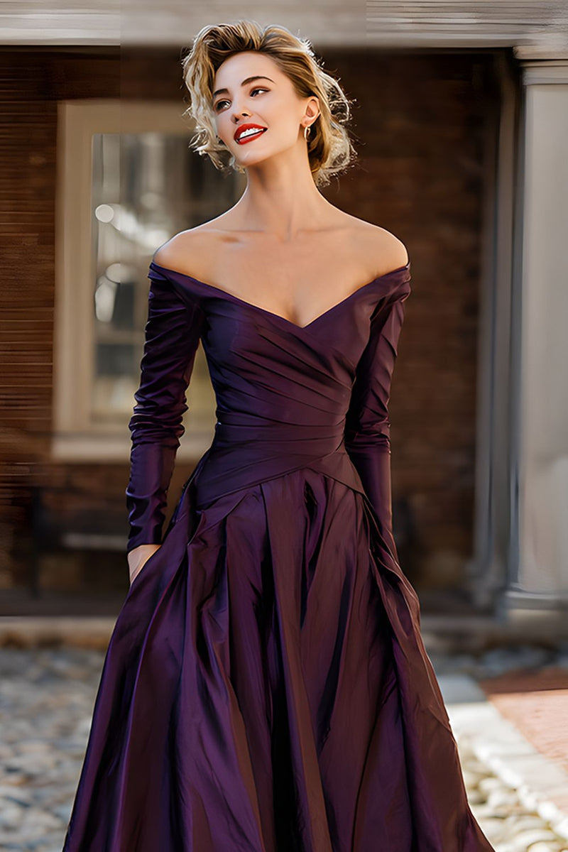 Load image into Gallery viewer, Plum A Line Off the Shoulder Long Mother of the Bride Dress with Sleeves