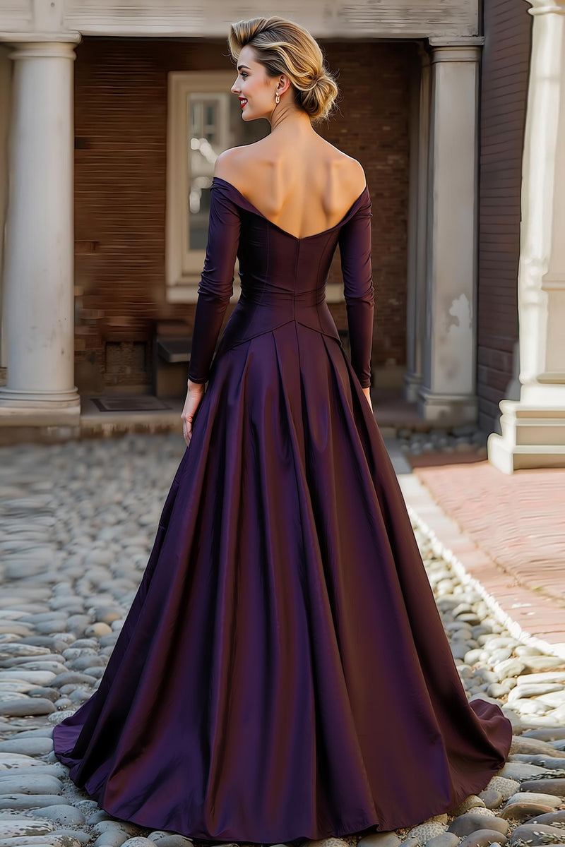 Load image into Gallery viewer, Plum A Line Off the Shoulder Long Mother of the Bride Dress with Sleeves