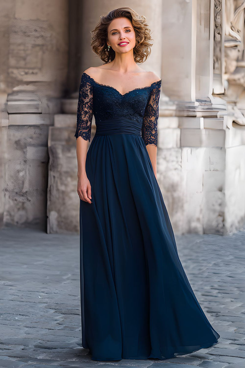 Load image into Gallery viewer, Navy Off the Shoulder Maxi Mother of the Bride Dress with Lace Sleeves