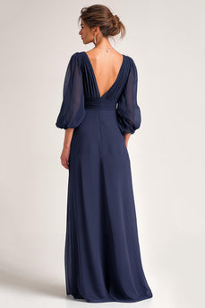 Navy Chiffon V-Neck A Line Maxi Mother of the Bride Dress with Sleeves