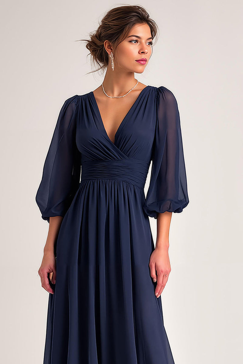 Load image into Gallery viewer, Navy Chiffon V-Neck A Line Maxi Mother of the Bride Dress with Sleeves