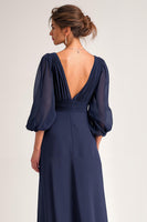Load image into Gallery viewer, Navy Chiffon V-Neck A Line Maxi Mother of the Bride Dress with Sleeves