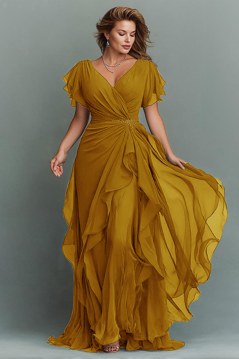 Load image into Gallery viewer, Navy Chiffon V-Neck Ruched Maxi Mother of the Bride Dress with Ruffles