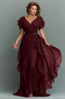 Load image into Gallery viewer, Navy Chiffon V-Neck Ruched Maxi Mother of the Bride Dress with Ruffles
