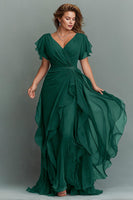 Load image into Gallery viewer, Navy Chiffon V-Neck Ruched Maxi Mother of the Bride Dress with Ruffles