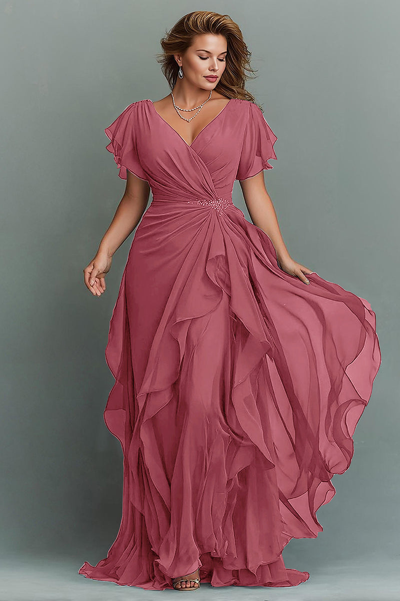 Load image into Gallery viewer, Navy Chiffon V-Neck Ruched Maxi Mother of the Bride Dress with Ruffles