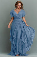 Load image into Gallery viewer, Navy Chiffon V-Neck Ruched Maxi Mother of the Bride Dress with Ruffles