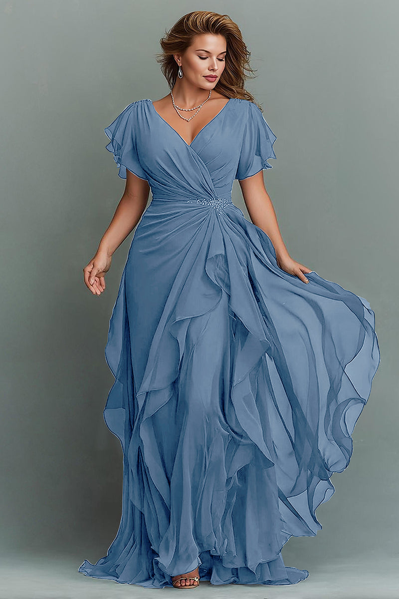 Load image into Gallery viewer, Navy Chiffon V-Neck Ruched Maxi Mother of the Bride Dress with Ruffles