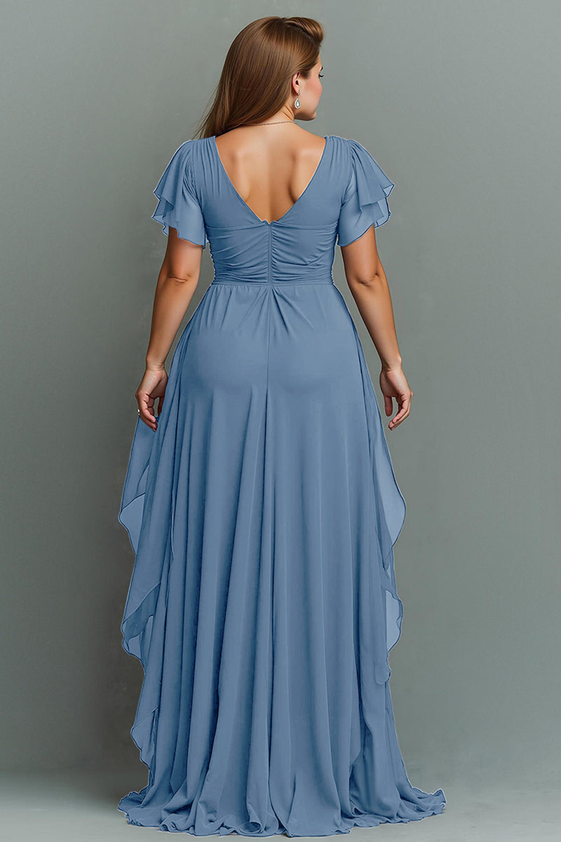 Load image into Gallery viewer, Navy Chiffon V-Neck Ruched Maxi Mother of the Bride Dress with Ruffles