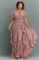 Load image into Gallery viewer, Navy Chiffon V-Neck Ruched Maxi Mother of the Bride Dress with Ruffles
