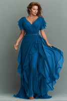 Load image into Gallery viewer, Navy Chiffon V-Neck Ruched Maxi Mother of the Bride Dress with Ruffles