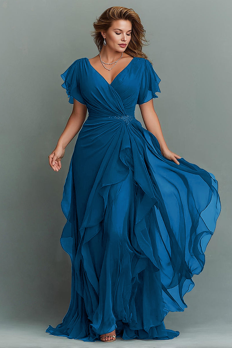 Load image into Gallery viewer, Navy Chiffon V-Neck Ruched Maxi Mother of the Bride Dress with Ruffles