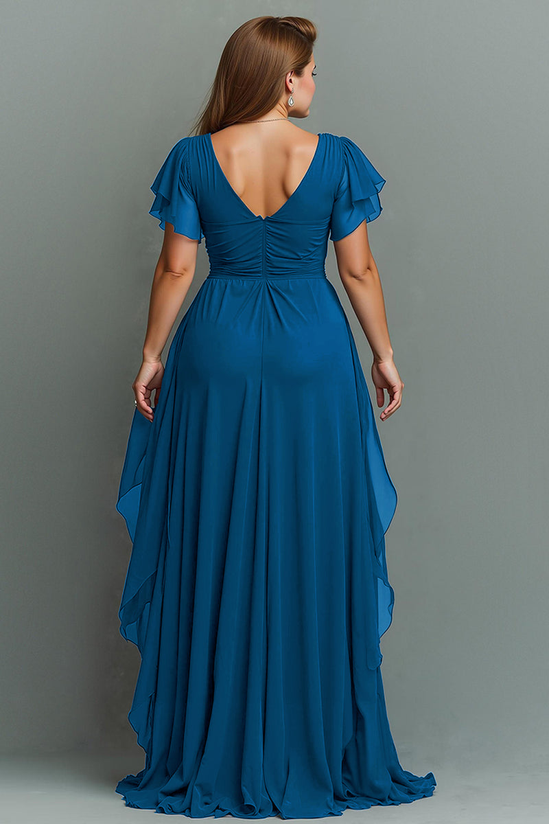 Load image into Gallery viewer, Navy Chiffon V-Neck Ruched Maxi Mother of the Bride Dress with Ruffles
