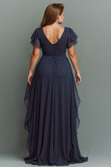 Navy Chiffon V-Neck Ruched Maxi Mother of the Bride Dress with Ruffles