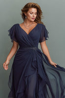 Load image into Gallery viewer, Navy Chiffon V-Neck Ruched Maxi Mother of the Bride Dress with Ruffles